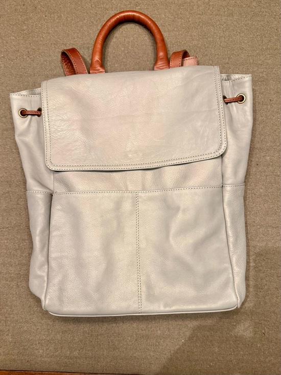 Sundance Handbags - Sundance Leather Backpack in Light Gray with Tan Accents